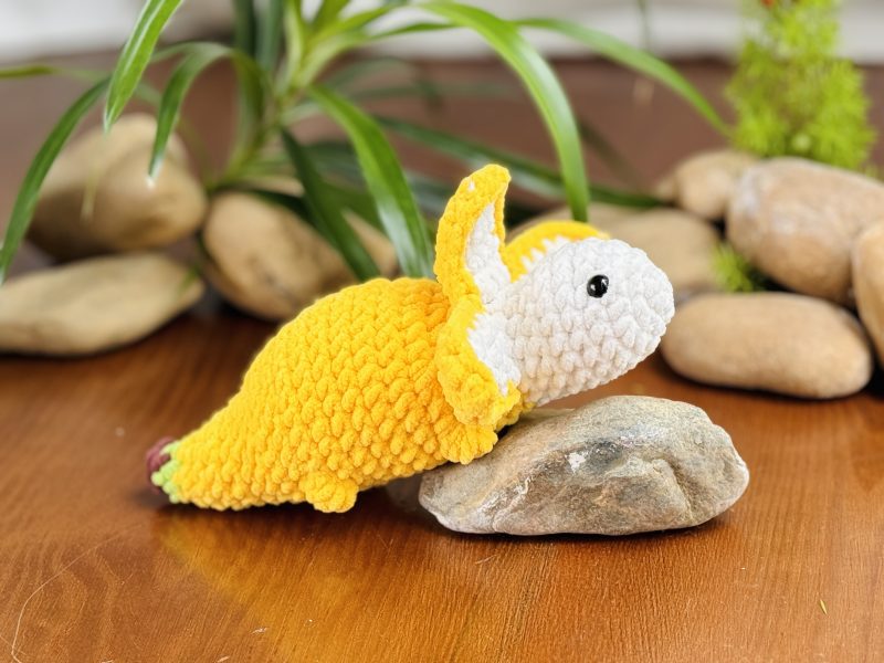 Top view of the Stegosaurus Bananasaurus Crochet on the stone