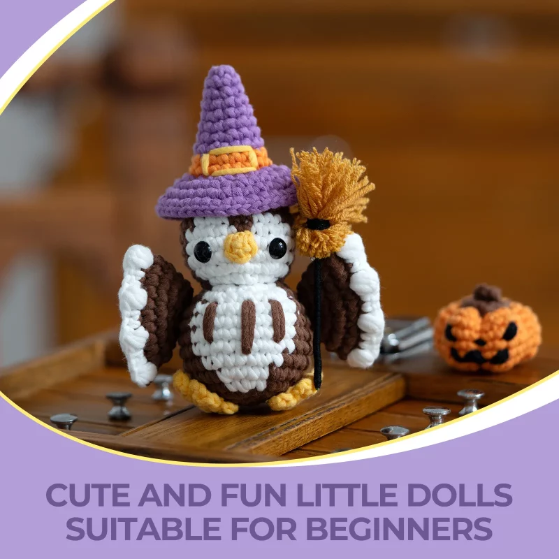 kf S427d94e5b56f48f185ec057d56a92ca3Y DIY Crochet Kit Materials for Beginners Halloween Series Crocheting Cartoon Owl Doll Pumpkin Kits with Video